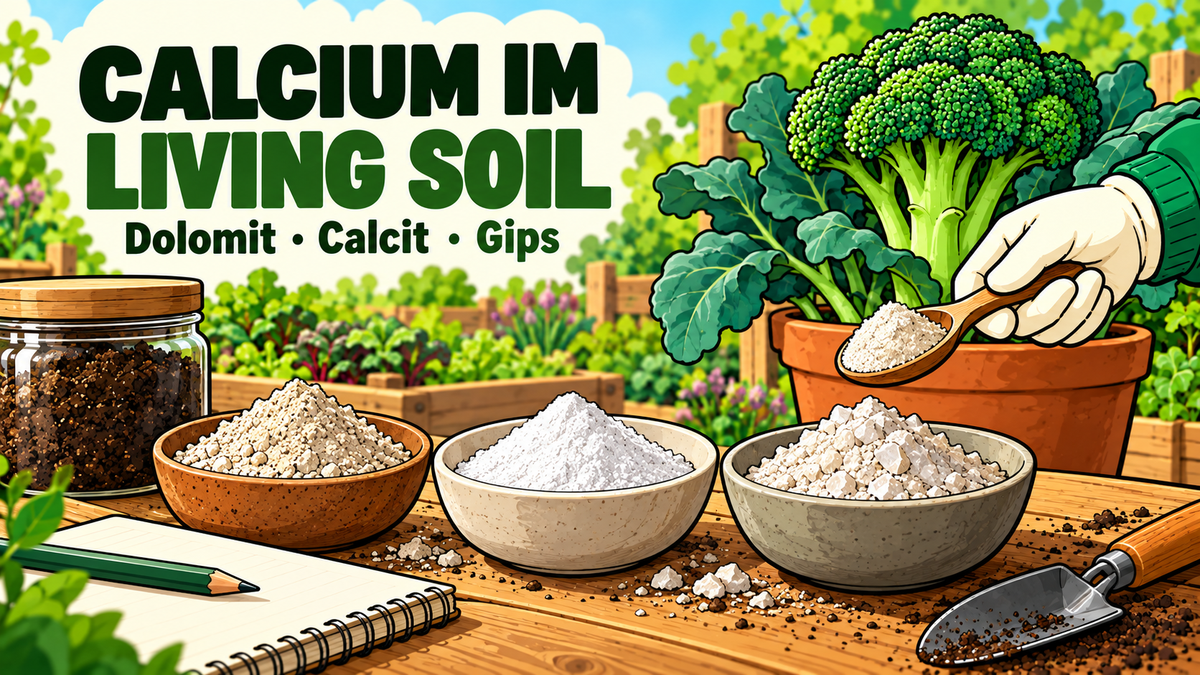 Three mineral samples beside growing medium and a broccoli plant, illustrating a comparison of dolomitic lime, calcite and gypsum