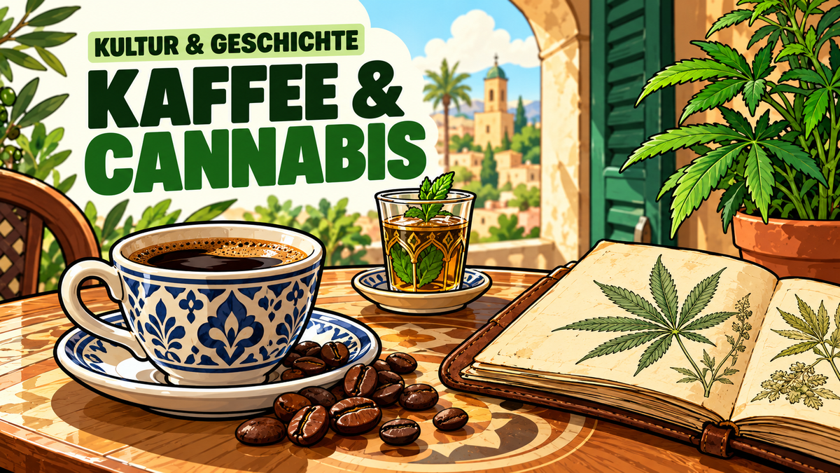 Kaffee, Minztee und eine botanische Cannabiszeichnung auf einem illustrierten Kaffeehaustisch