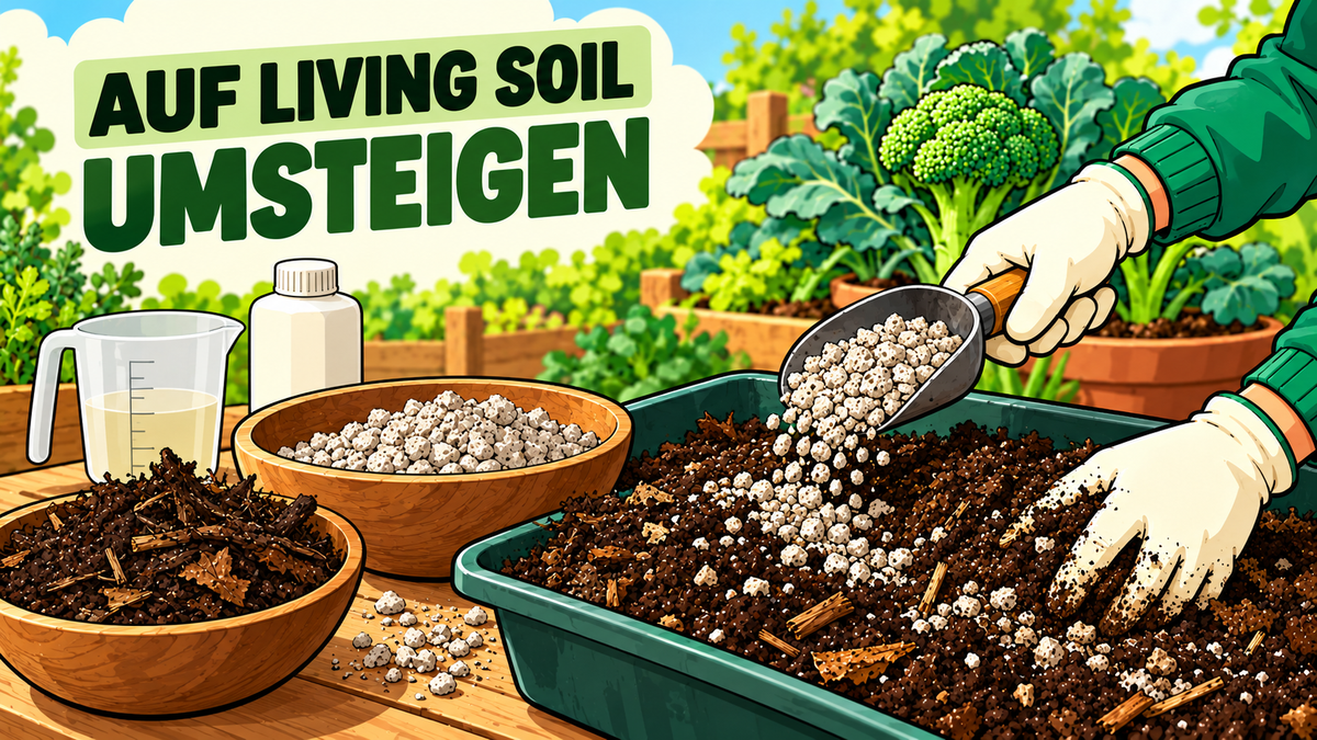 Hands prepare a Living Soil mix while a measuring jug and fertiliser bottle stand on the workbench