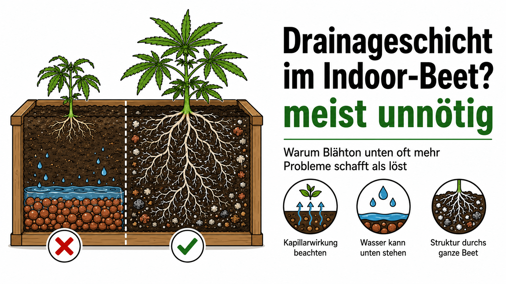 Ist eine Drainageschicht im Indoor-Beet notwendig? Warum grobe Schichten am Beetboden oft mehr Probleme schaffen als lösen - CannaSelection®