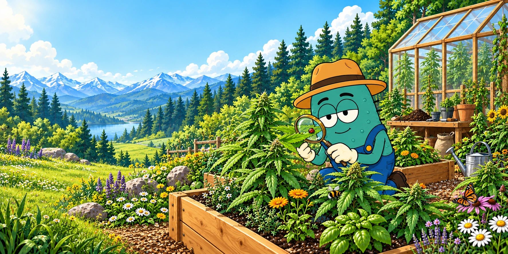 The CannaSelection® microbe examines a leaf with a magnifying glass in a living club garden.