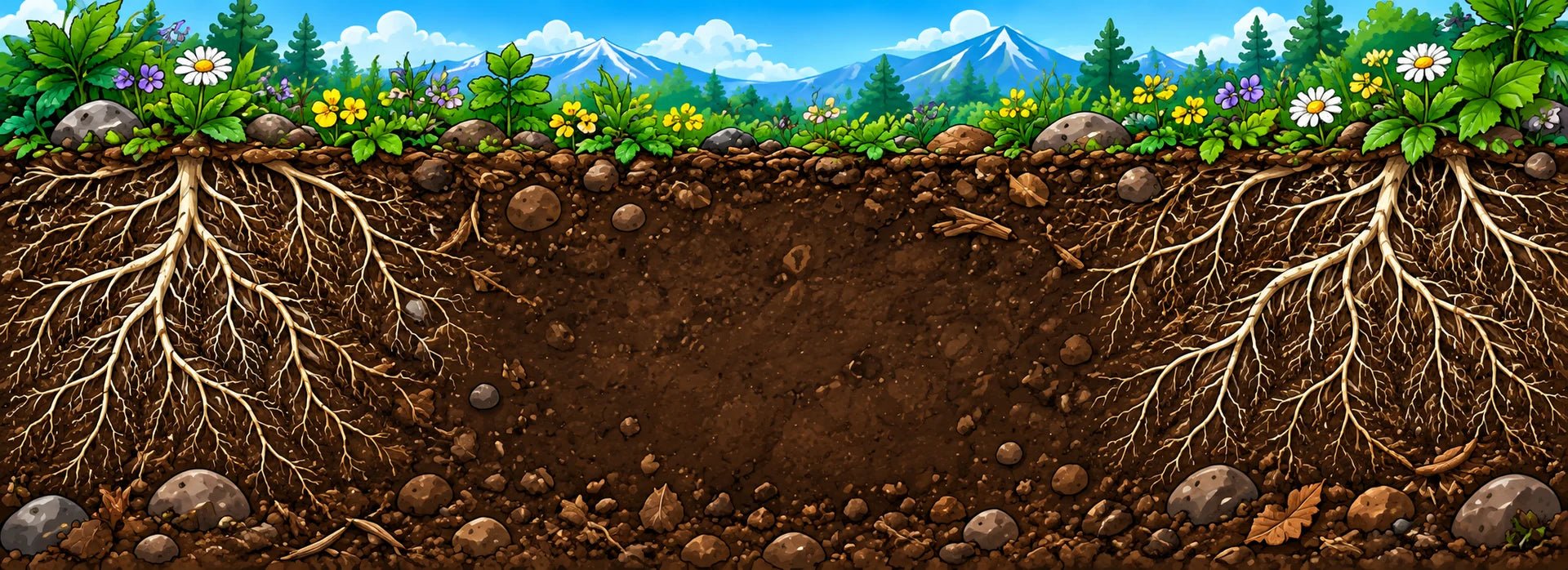 Illustration of living soil with roots and soil organisms
