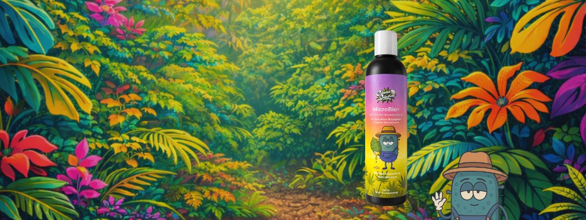 MicroBio+ Flasche von CannaSelection in tropischer Pflanzenwelt