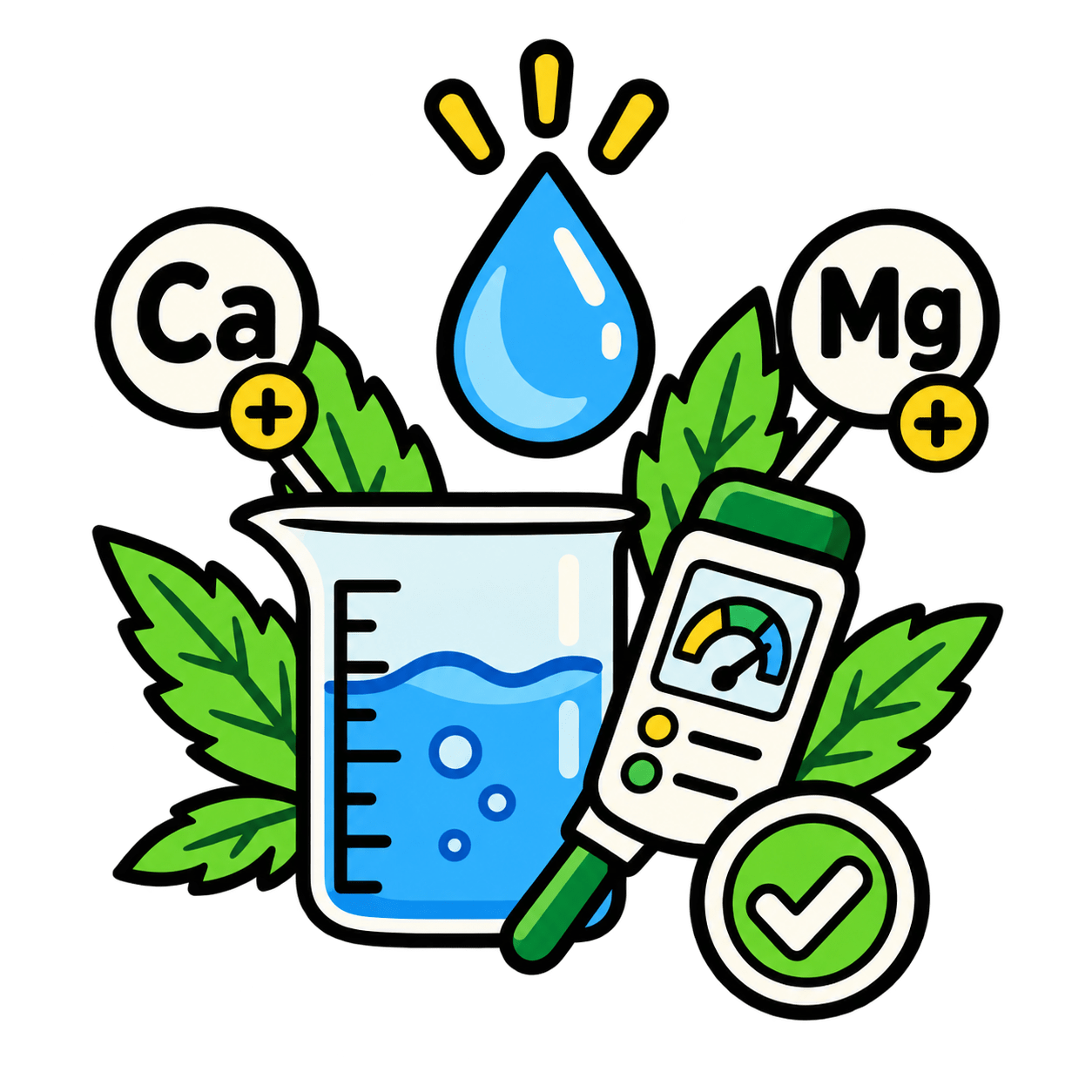 Cannabisblatt, Messbecher und Mineralien zur Einordnung von CalMag und Wasserwerten