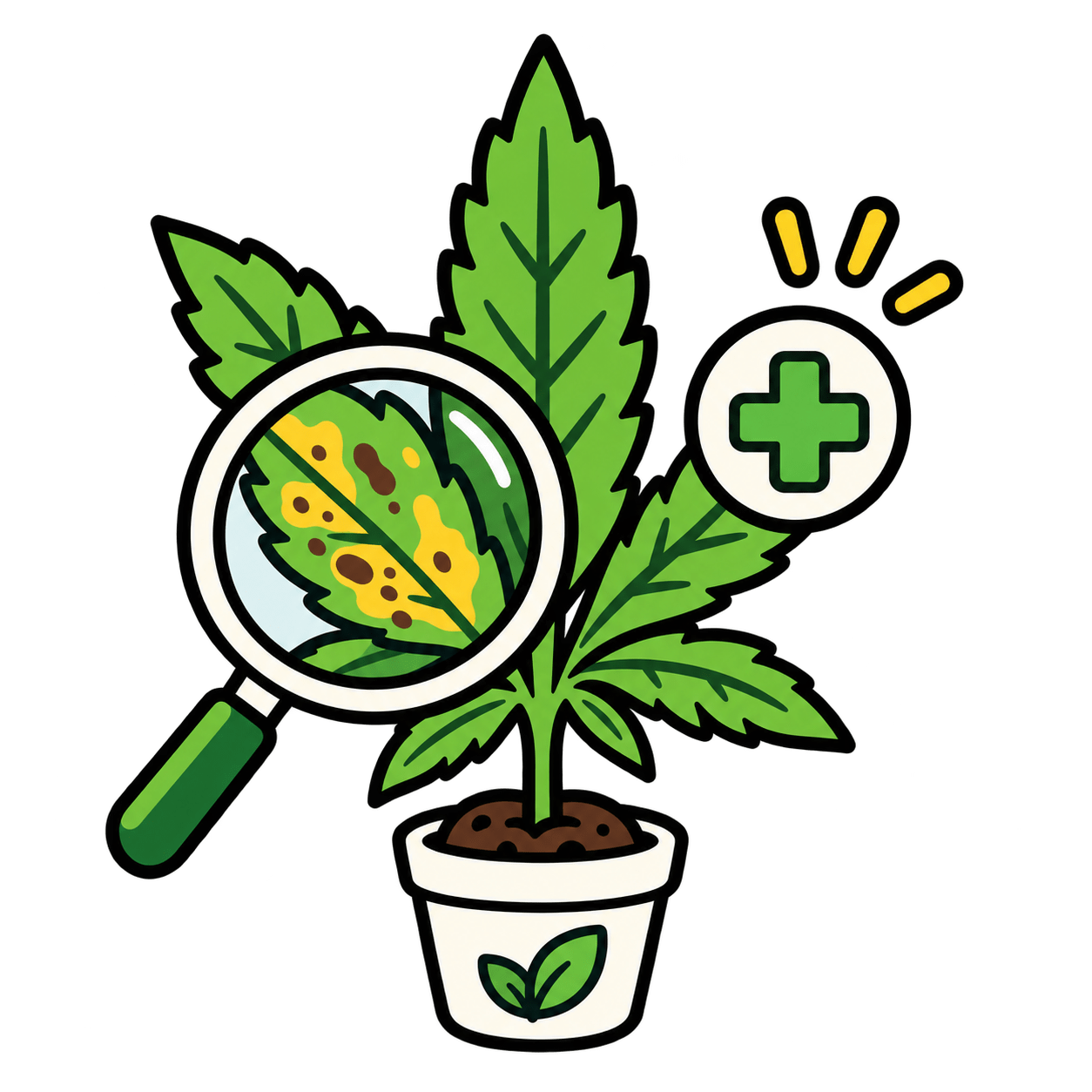 Cannabisblatt mit Verfärbungen und Blattflecken unter einer Lupe